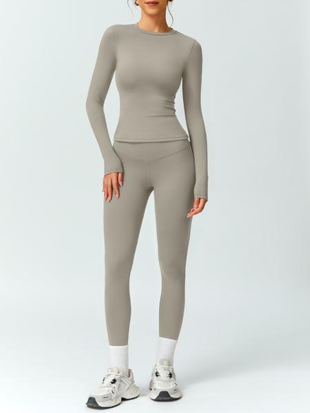 Women's Solid Color Long Sleeve Tee & High Waist Leggings Tracksuit Set, Athletic Activewear Tracksuits, Sporty Comfy Breathable Outfits for Gym Workout Running, Ladies Fall & Winter Sportswear