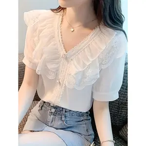 Fashion Lace Patchwork Short Sleeve Shirt