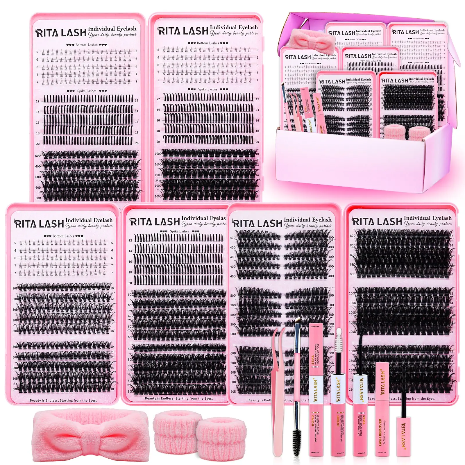 RITALASH 1930Pcs D Curl Large Capacity Compact Eyelash 3 Trays Book Kit Bottom Spike Natural Eye Makeup Easy To Carry, Reusable, with Make Up Tools Bond&Seal, Remover, Headband, Suitable For Daily Going Out, And Holidays Eyelashes Extensions