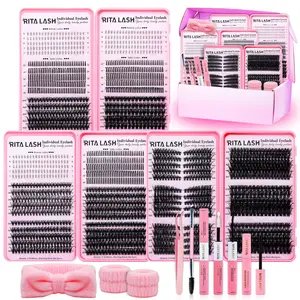 RITALASH 1930Pcs D Curl Large Capacity Eyelash 3 Trays Book Kit Bottom Spike Natural Eye Makeup Easy To Carry, Reusable, with Make Up Tools Bond&Seal, Remover, Headband, Suitable For Daily Going Out, And Holidays