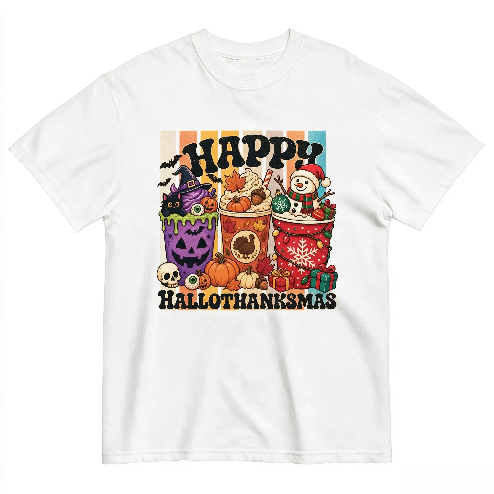 Happy Hallothanksmas Coffee Cup White Tee Halloween Thanksgiving Christmas Unisex Short Sleeve Tops