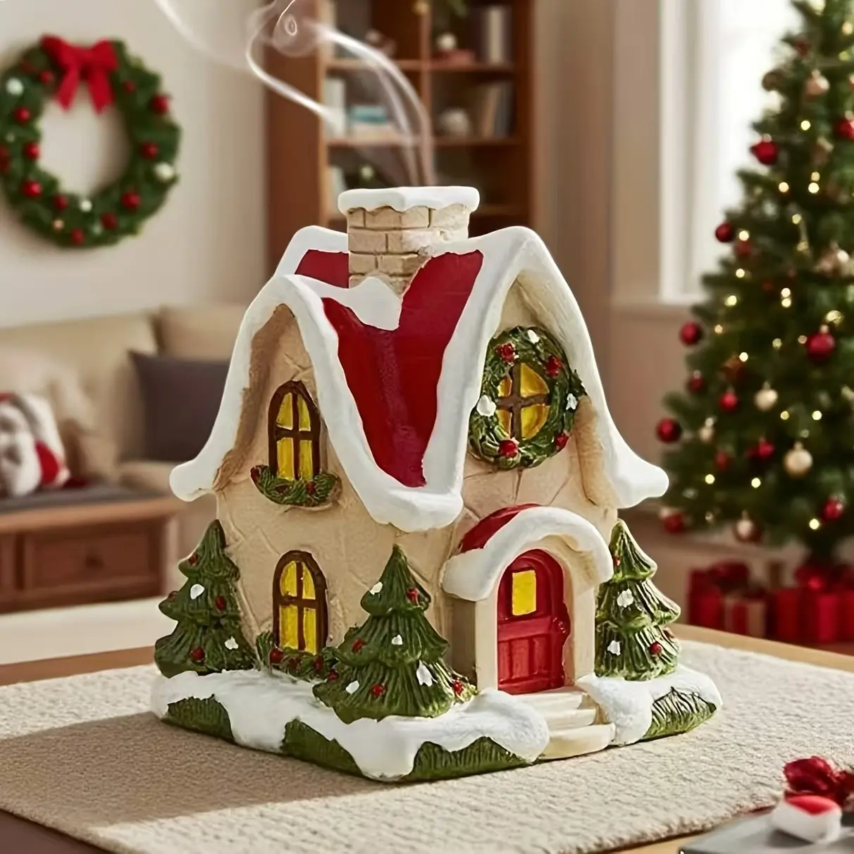 Resin Christmas House Ornament Statue, Original Diffuser Gift, Paper Box Packaging, Home Decor for Living Room, Holiday Decoration