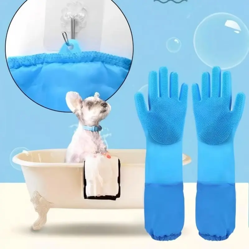 A Pair of Extended Pet Bathing Gloves, Dog and Cat Bathing Artifact, Teddy Golden Bristle Bath Rubbing Brush, Extended Pet Bathing Silicone Glove Brush.