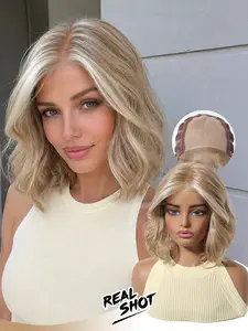 Mono Short Wavy Wig, Light Gold Natural Part, Lightweight Breathable Skin-Friendly Mesh Base, Versatile Daily Commute Street Style Hairpiece