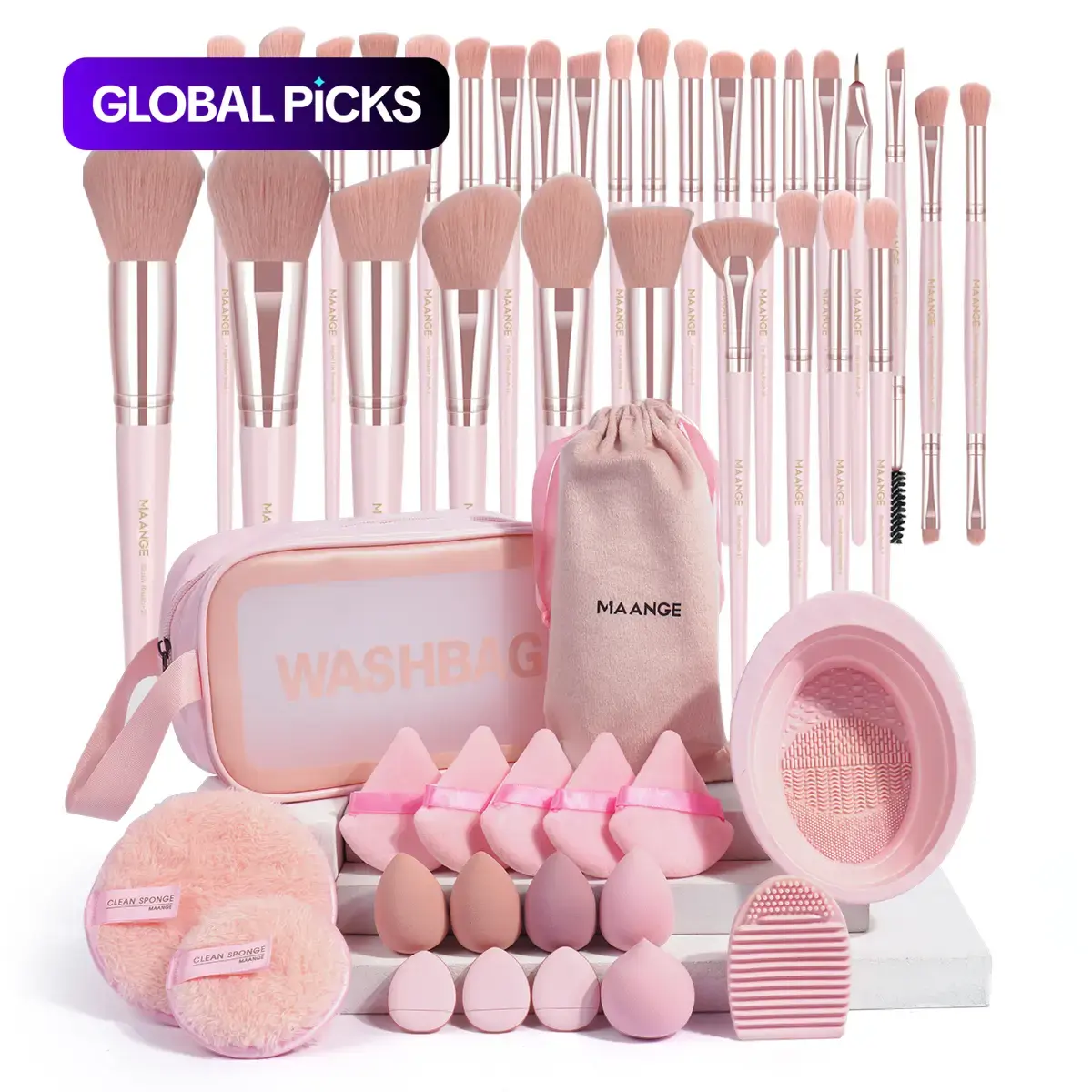 MAANGE 49-Piece Makeup Tool Set with Cosmetic Brushes, Makeup Brush Kit, Storage Bag, Organizer Pouch, Soft Brushes, Blending Brush, Foundation Brush, Beauty Sponges, Powder Puffs, Face Washing Puffs, and Brush Cleaning Mat for Beginners #GLOBAL PICKS