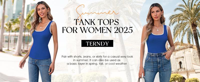 Yousify Women's Square Neck Tank Tops 2025 Summer Sleeveless Shirts Casual Slim Fitted Color Block Ribbed Tanks for Vacation Beach Home Workout Daily Wear