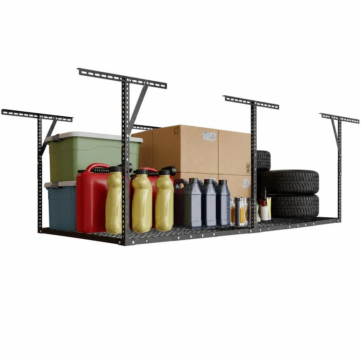 Heavy Duty Overhead Garage Storage Rack - Ceiling Mounted Steel Shelf Organizer - Adjustable Height, 600 lbs Capacity - For Bins, Tools, Seasonal Items - 4x8 FT, Black