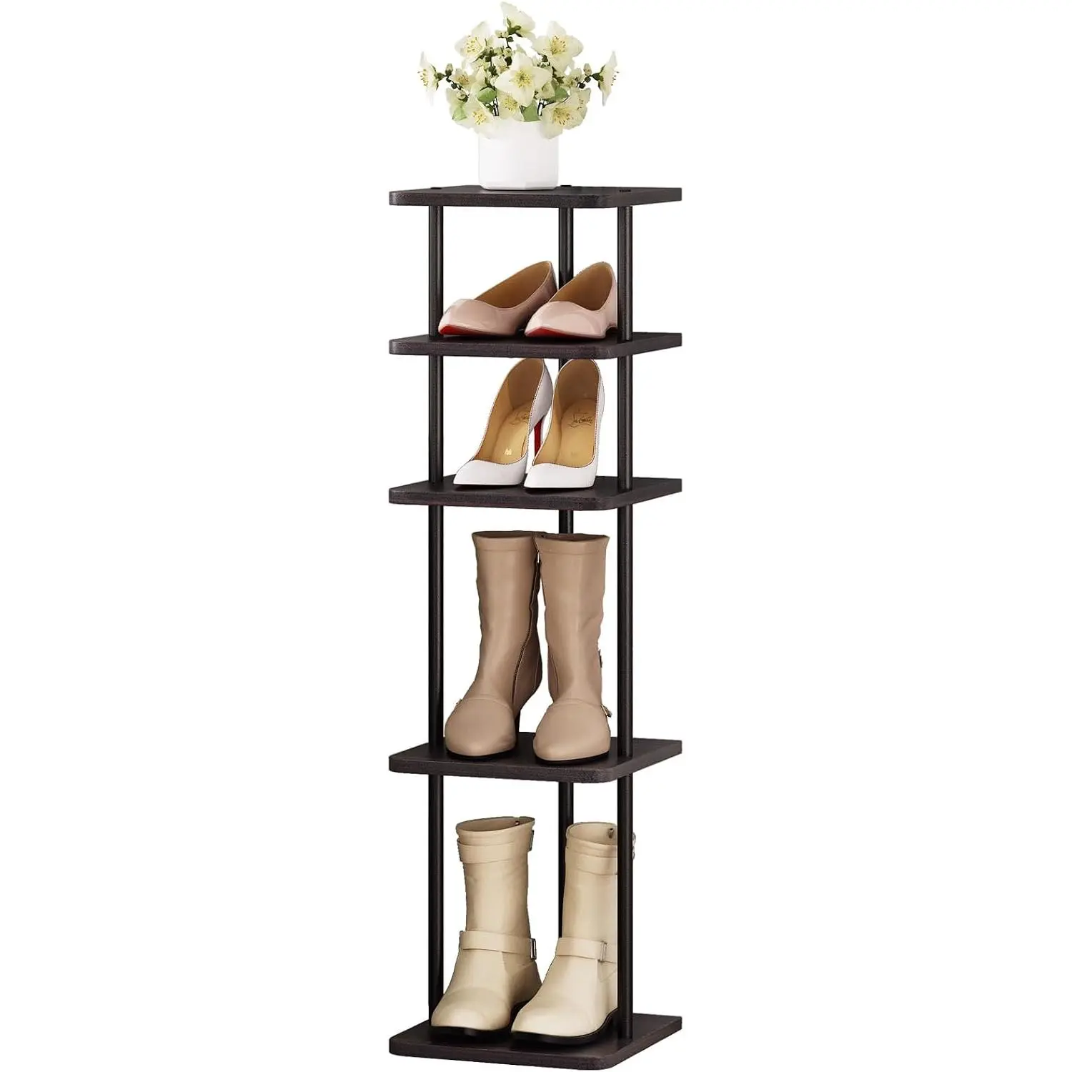 Shoe Rack 5 Tiers Vertical MDF Narrow Shoe Shelf Tall Storage | Shoe Rack Storage Organizer Space Saving Entryway Closet Organizer Narrow Vertical Shoe Storage Tall Narrow Shelf Tower