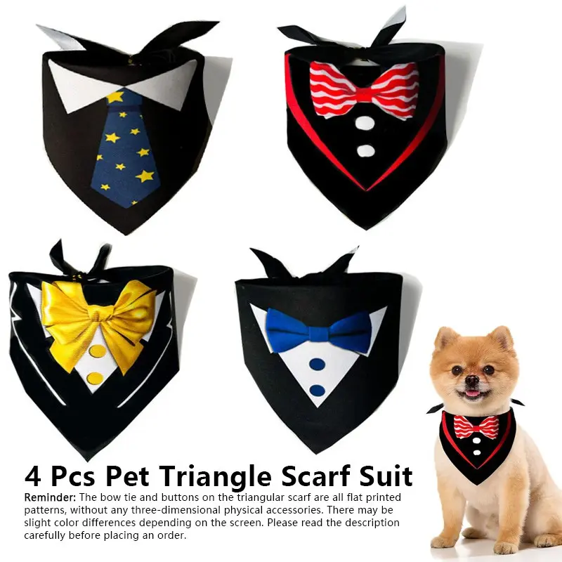 4 Pcs Pet Triangle Scarf Suit, Bow Tie Pet Triangle Scarf, English Style Dog Cat Scarf, Adjustable Black Tuxedo Pet Scarf, for Small Medium Large Dogs Wedding Costume Pet Scarves Decor, Pomeranian, Chihuahua Accessories