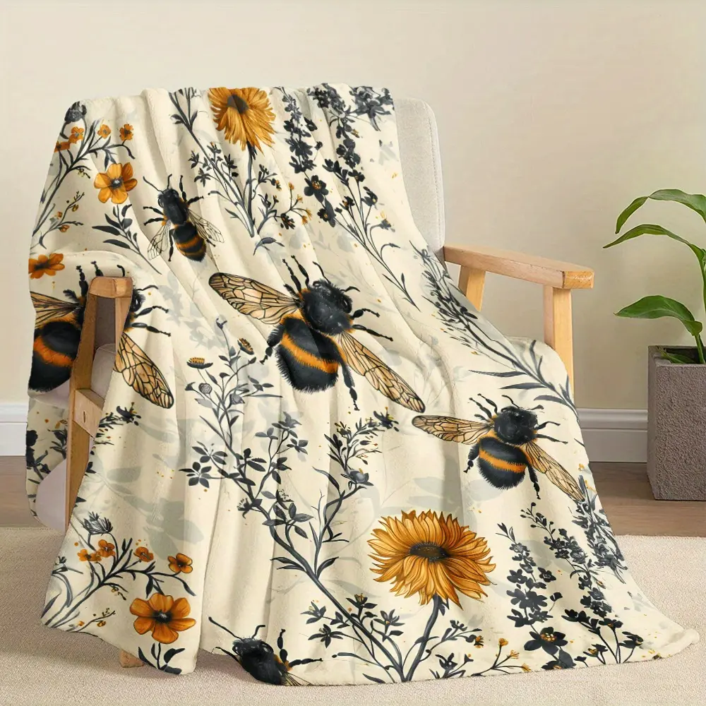 Retro Hand-Drawn Bee & Wildflowers Design,  Flannel Printed Blanket - Cozy & Warm, Perfect Holiday Presents for Classmates, Family, Friends, Partners, for Napping, Camping, Traveling, Car
