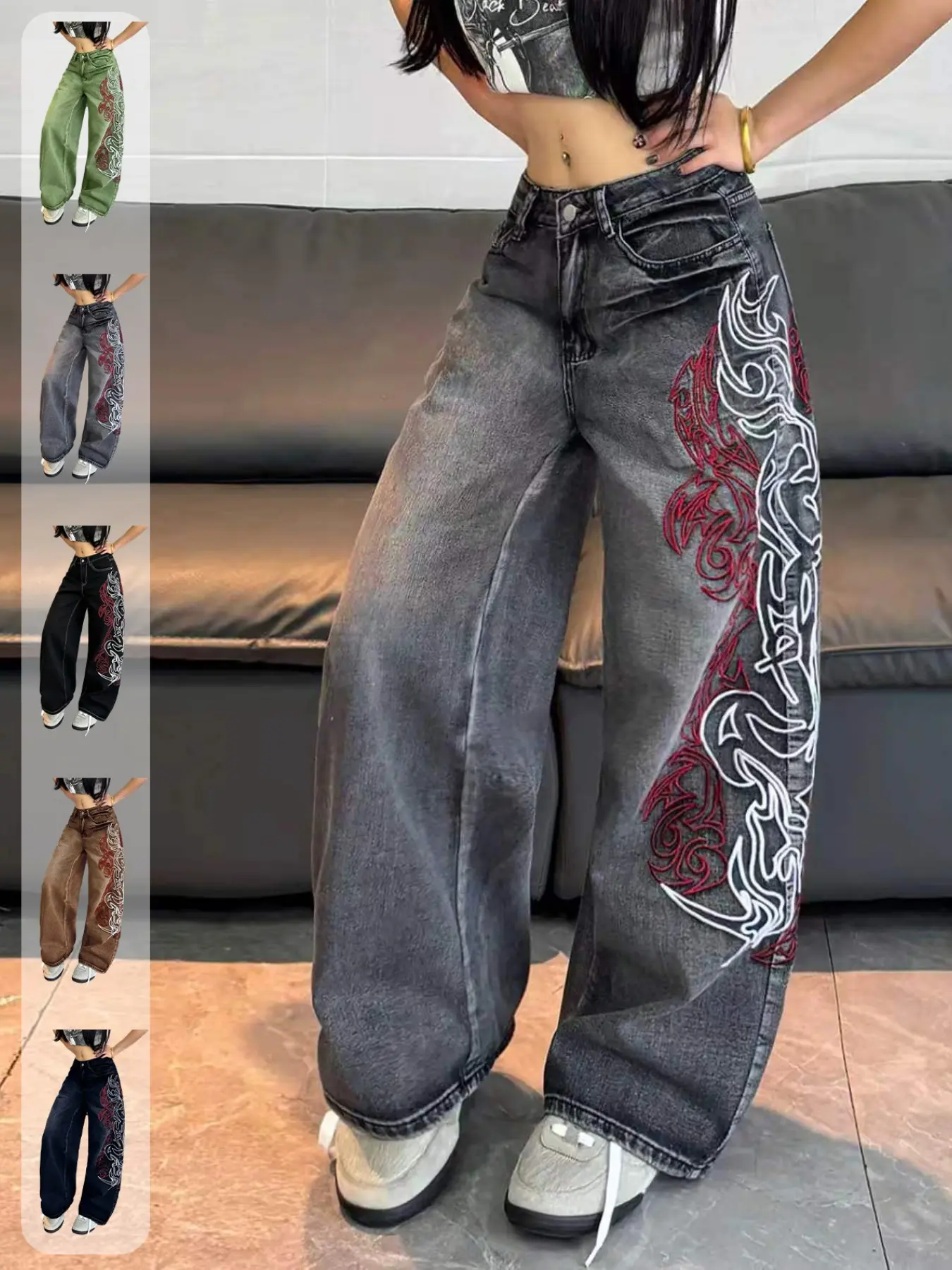 Women's Vintage Washed Denim Jeans, Pants, High Waist Oversize Loose Fit Straight Leg, Flame Embroidery, Street Style, Streetwear, All Seasons, Multiple Colors Available