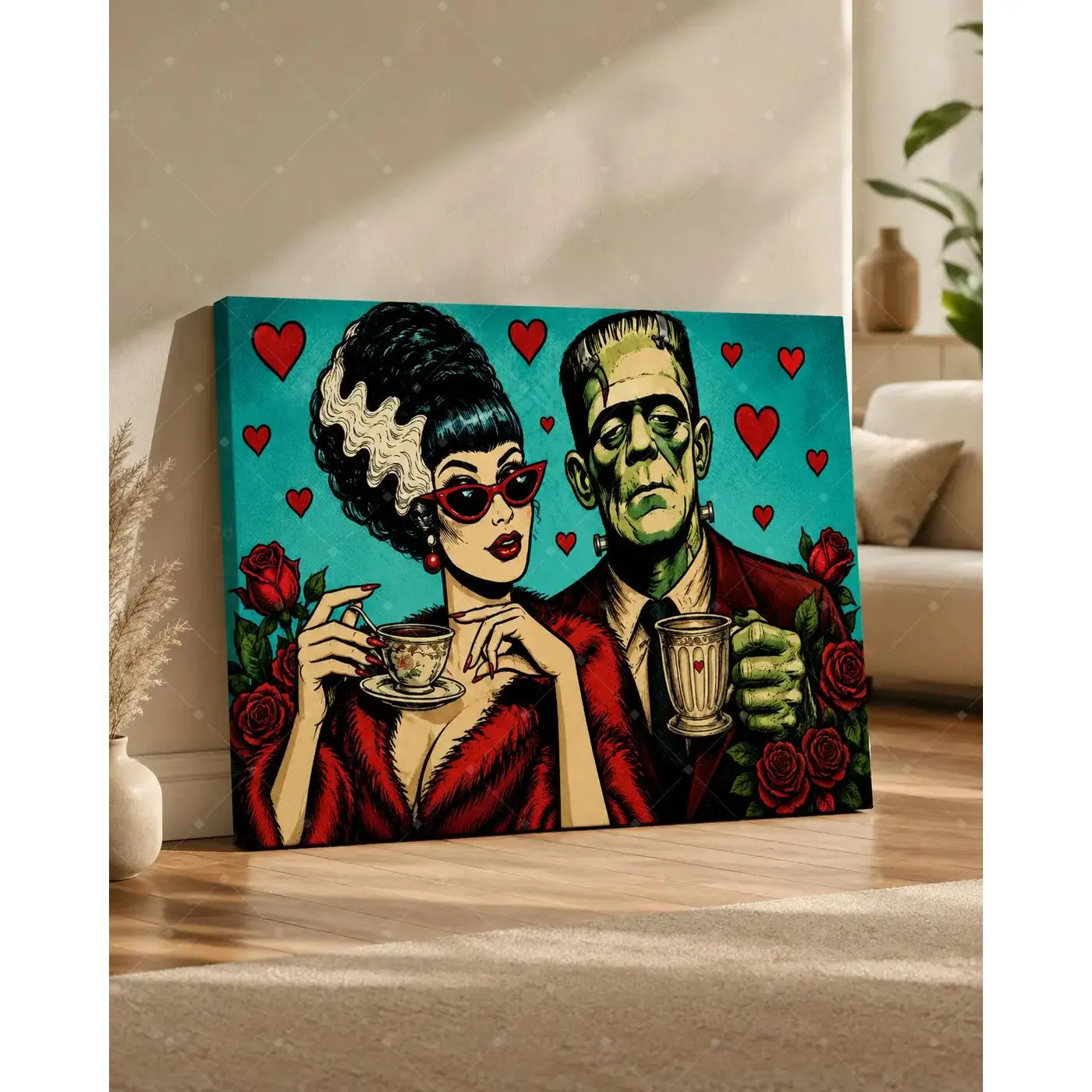 Vintage Pop Art Monster Couple Red Rose Heart Canvas Wall Art, Retro Horror Romantic Tea Time Painting For Bedroom Bar Tattoo Shop Valentine Apartment Wall Decor, Available as Unframed Canvas Poster or Framed Canvas Wrap