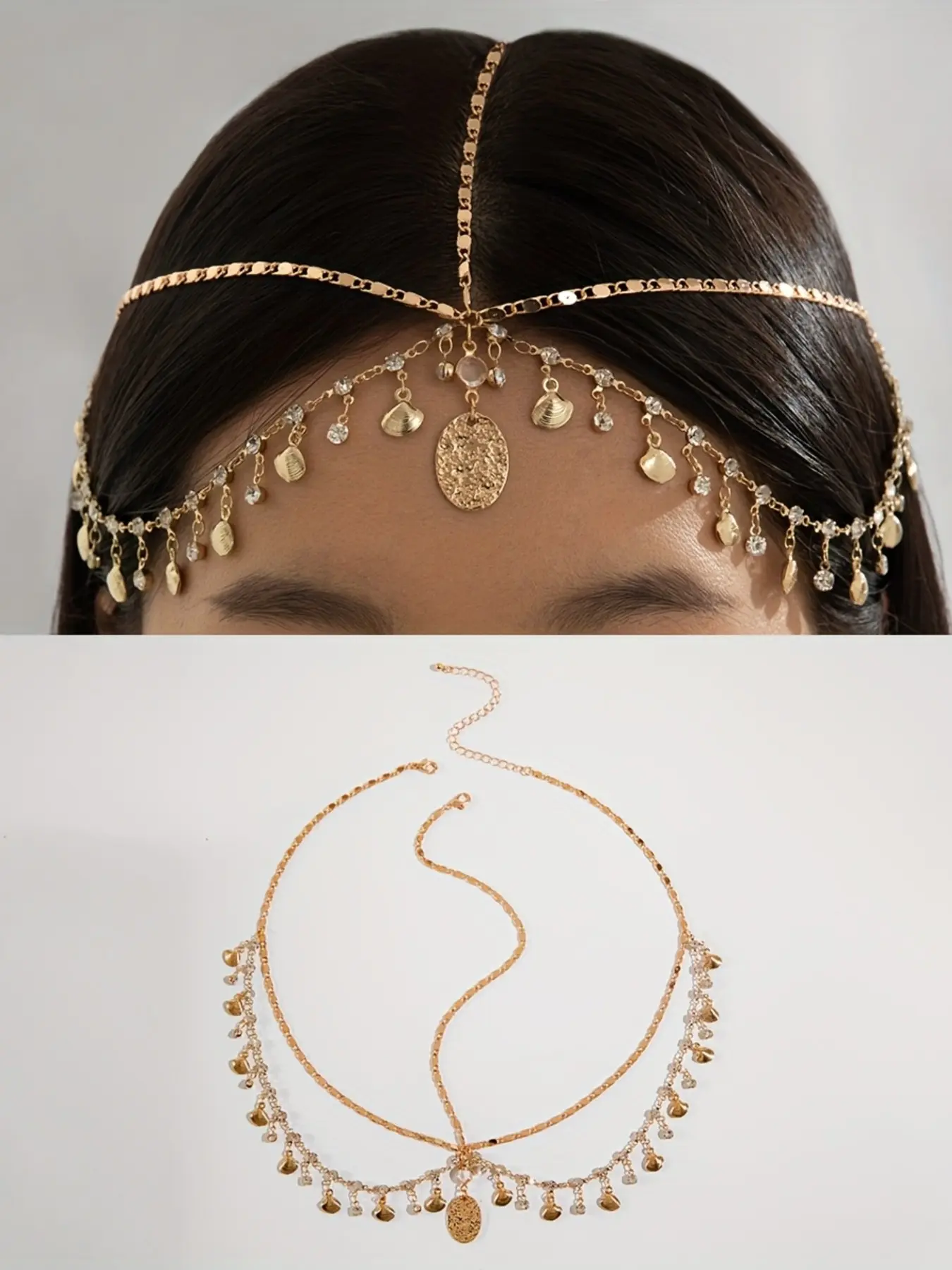 Bohemian Metal Shell Headpiece with Rhinestones and Fringe, Geometric Pendant Hair Accessory Wedding Hair Accessories for Parties, Wedding, Eid, Gift for Friends