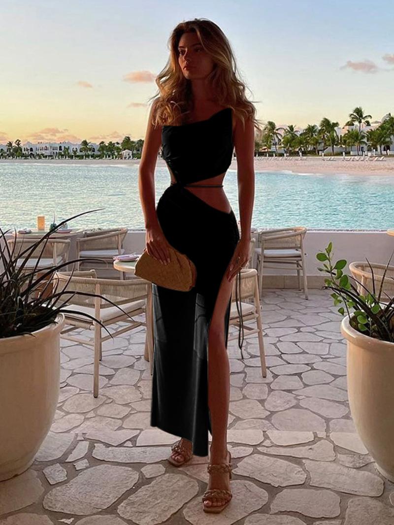 Women's Plain Cut Out Ruched Split Thigh Cami Dress, Asymmetrical Tie Back Sleeveless Bodycon Long Dress for Beach Holiday Vacation, Summer Outfits 2024, Ladies Summer Clothes