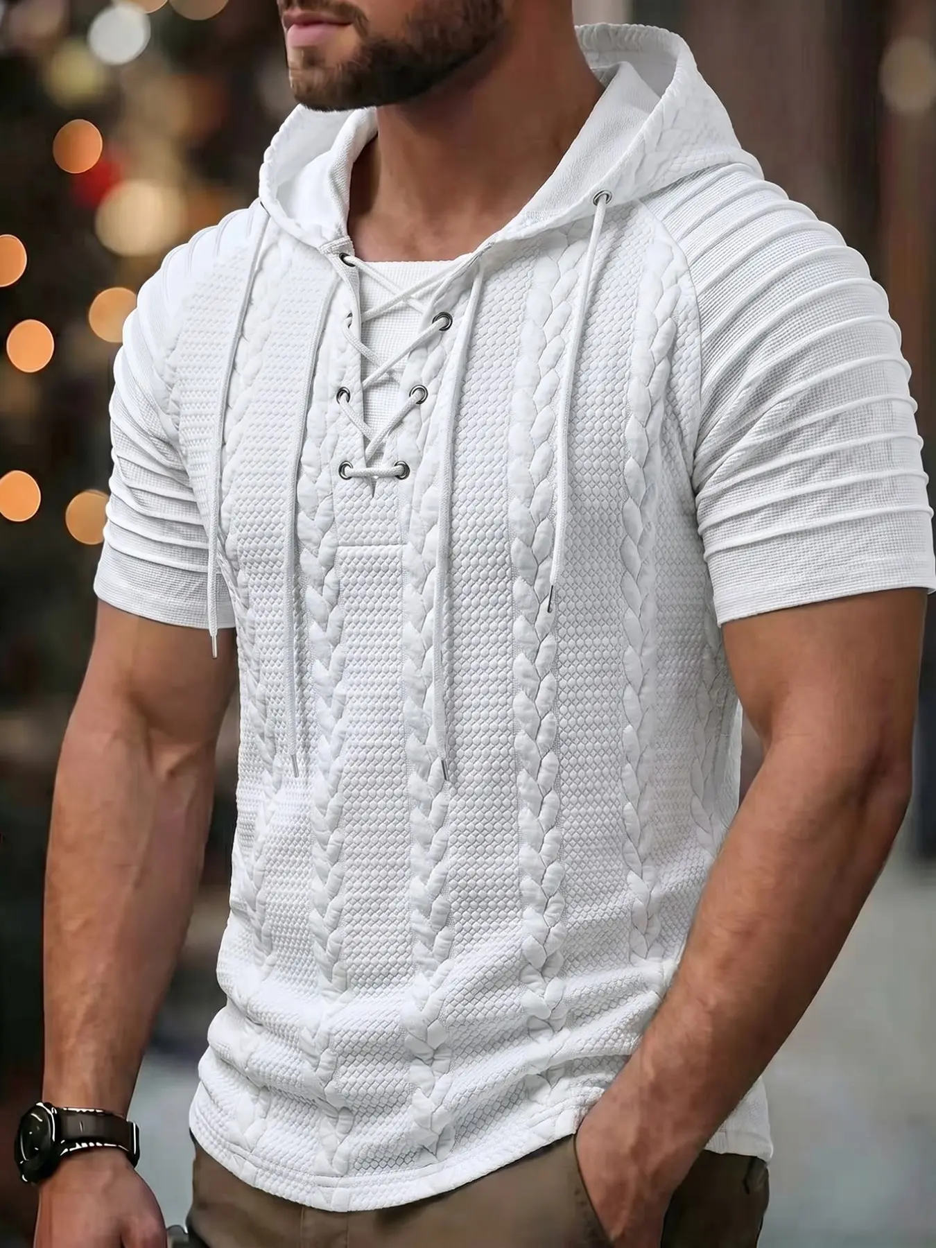 Men's Textured Braided Hooded Short Sleeve T-Shirt, 3D Embroidered Tie Design, Slim Fit, Luxury Minimalist Style, Business Casual Summer Top