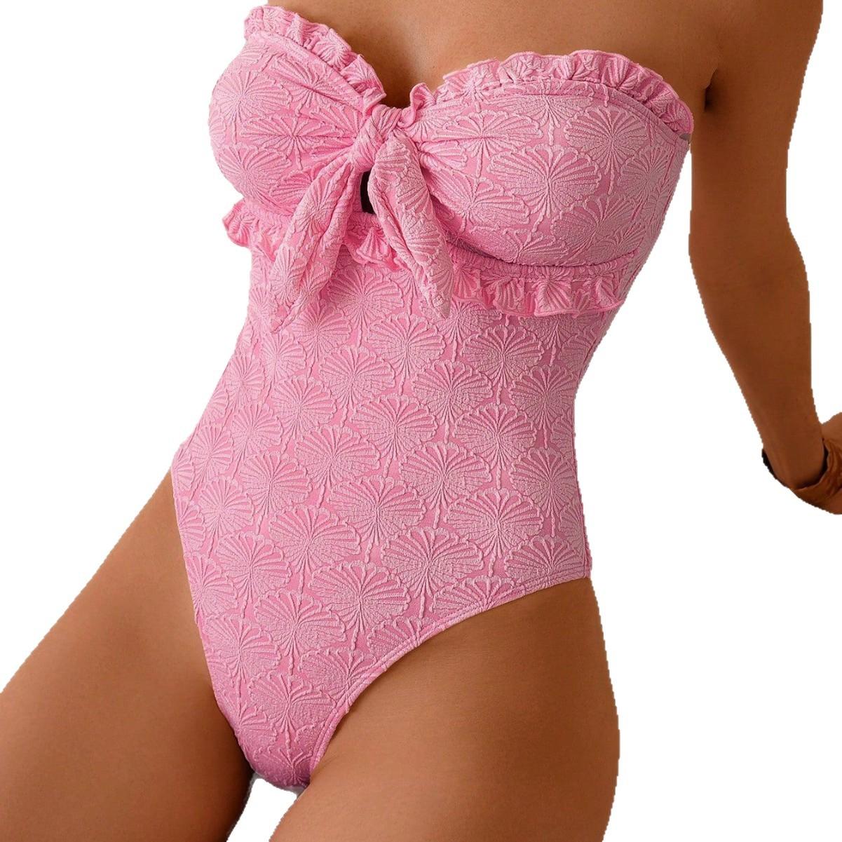 Cute & Feminine Pink One-Piece Swimsuit – Bow Tie & Ruffle Design