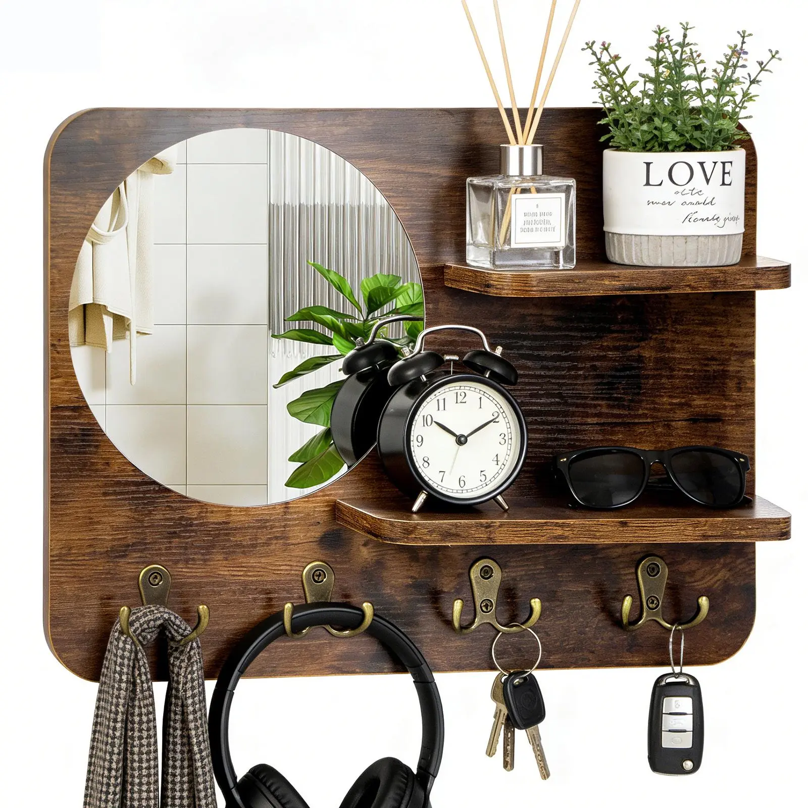 Wall-Mounted Storage Rack with Shelf,Mirror and 4 Double Hooks Decorative Entryway Hook Shelf,Rustic Wooden - Multi-functional Key, Mail, Hat Organizer – Space-Saving Entryway, Bedroom, Bathroom and Living Room Organizer,Practical housewarming gifts