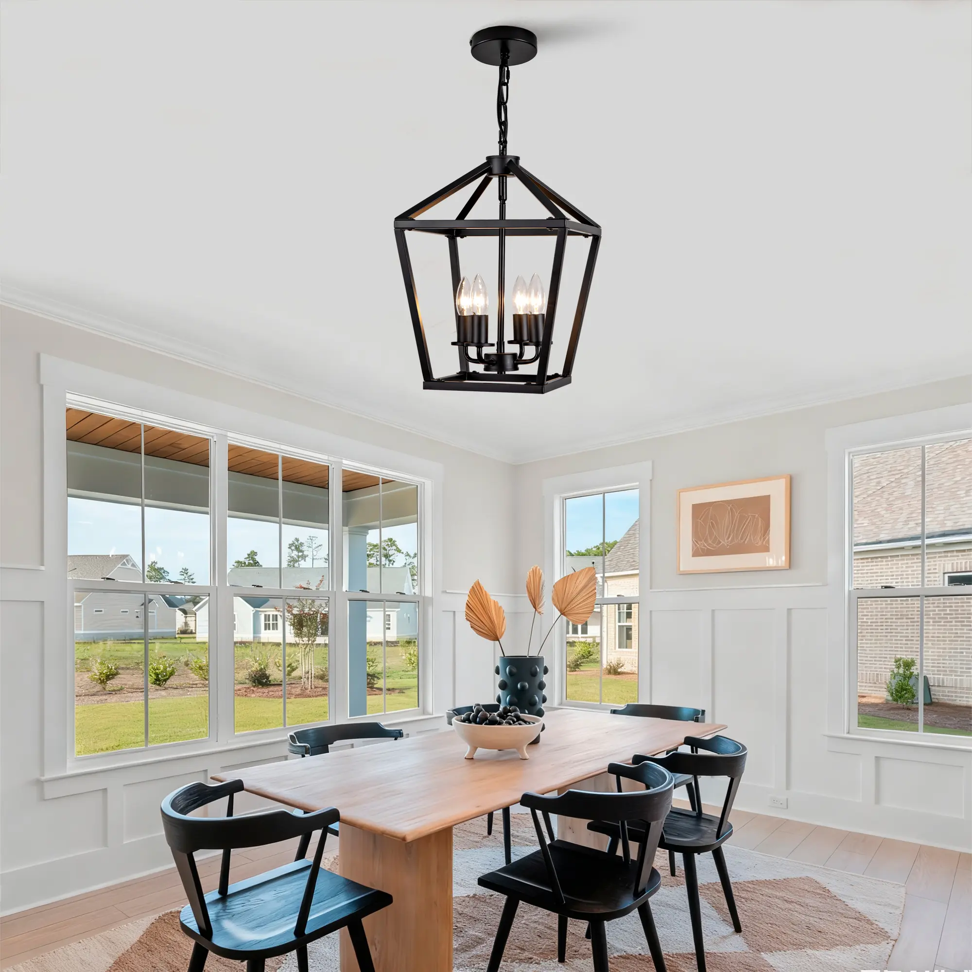 ARCH 4-Light Farmhouse Lantern Chandelier, Black Industrial Finish Indoor Ceiling Fixture with Rustic Open Cage, Adjustable Hanging Height & E12 Base, Home Decor for Kitchen Islands, Dining Rooms (Bulbs Not Included), 4-Light Configuration