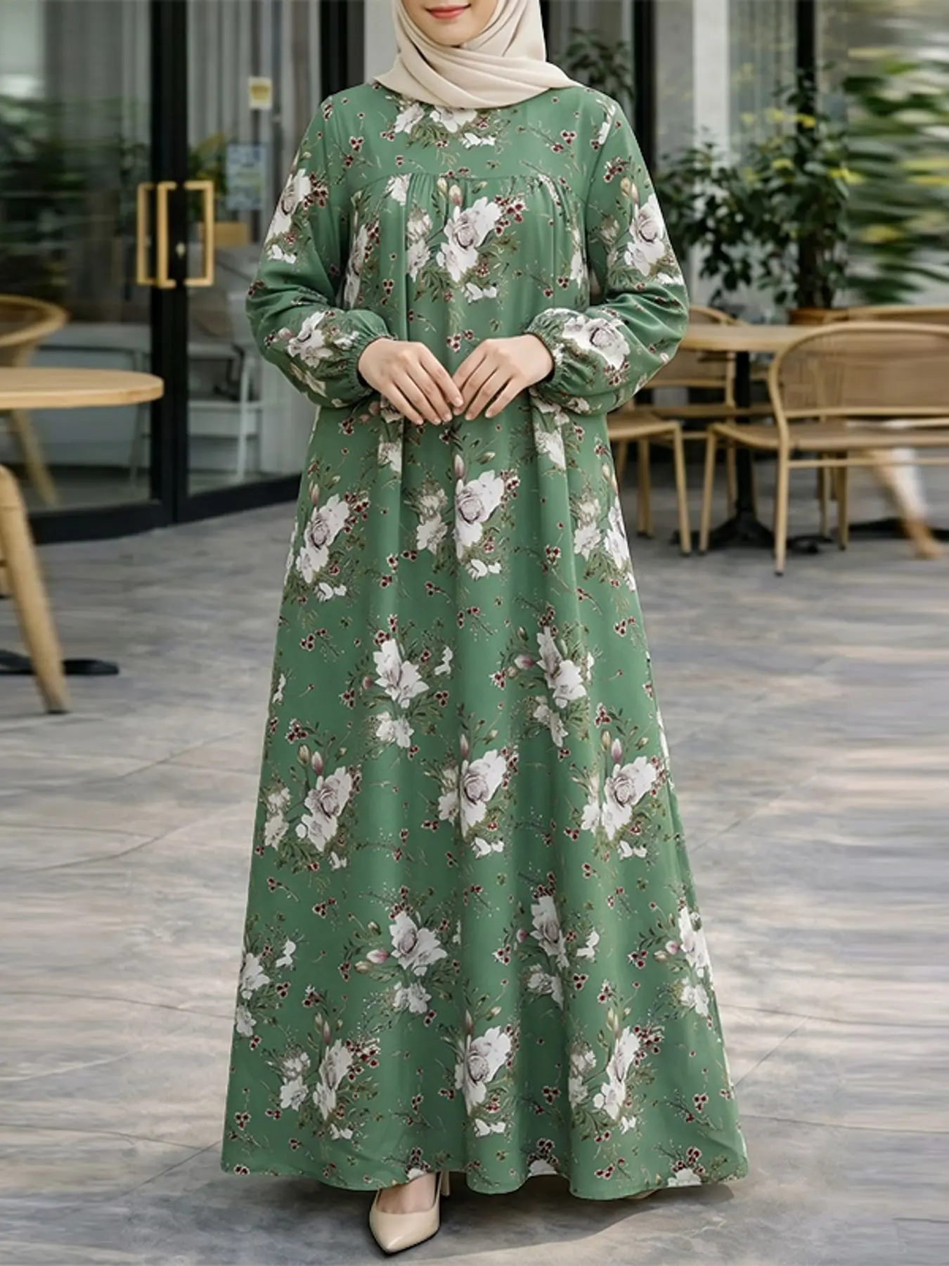 Women's Round Neck Long Sleeve Floral Print A-Line Dress, Muslim Dresses, Modest Fashionable, Casual Loose-Fitting Long Dress, Spring & Fall Fashion, No Pockets, Maxidresses
