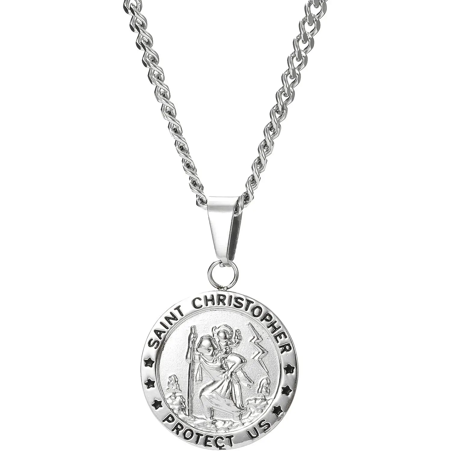 1pc 316L Stainless Steel St. Christopher Necklace for Men - 56cm Long Geometric Religious Amulet Pendant, Casual Daily Christian Gift, Silver Costume Jewelry, Male