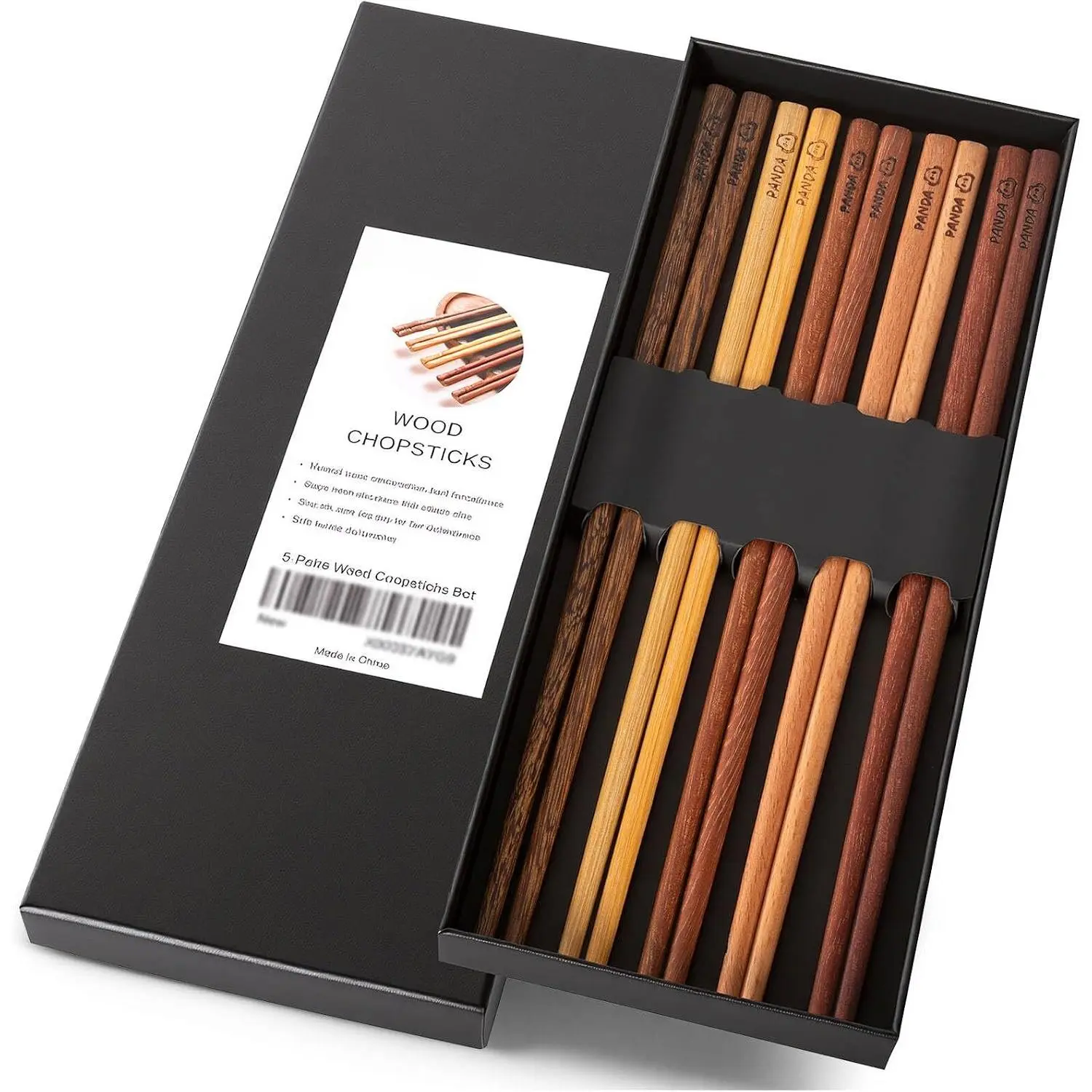 5 Pairs Chopsticks Set, Panda Engraved  Wooden Chopsticks | 5  Types Rosewood Wenge Beech Ironwood Boxwood, Non Slip Chinese Chopsticks, No  No Wax for Daily Dining