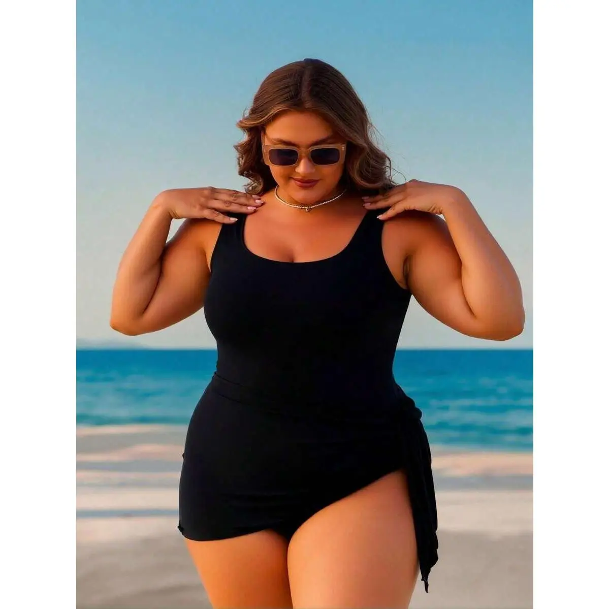 2026 New Luxury Plus Size Swimdress, Sleeveless Square Neck & Side Tie, Modest Tummy Control Vacation Swimwear