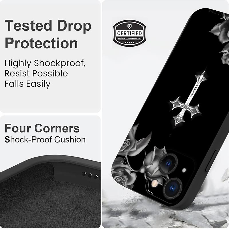 Rose Cross Pattern Straight Edge Phone Case for iPhone 16 15 14 Pro Max 13 12 11 XR XS Plus Shockproof Full Camera Protection Durable slim Silicone Cover