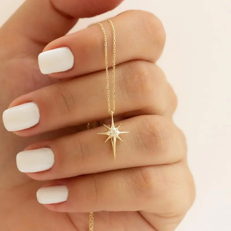 Minimalist Eight Point Star Necklace for Her, Shiny Polished Golden Little Star Charm Necklace, Ultra Thin Lightweight Daily Wear Fashion Neck Jewelry