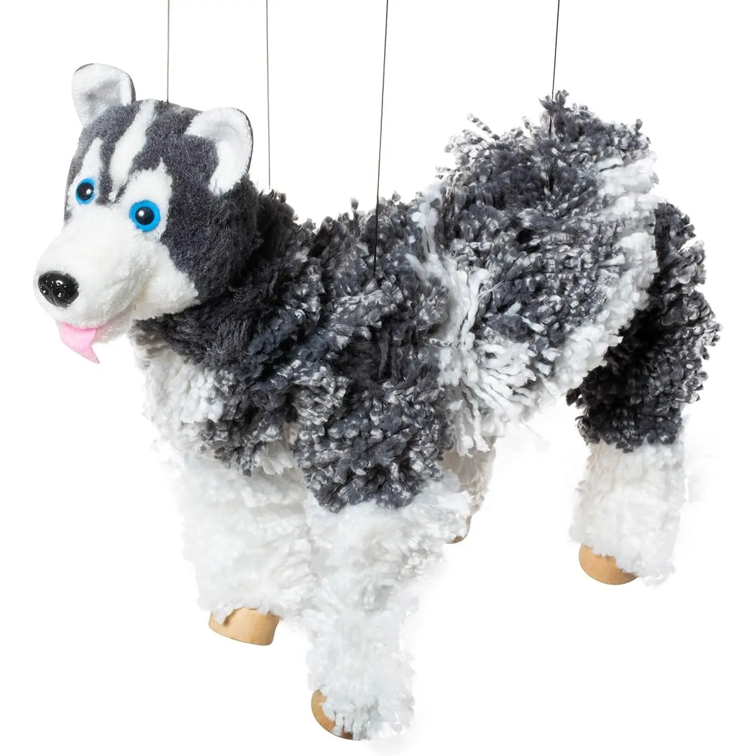 Siberian Husky Marionette Puppet - Yarn Dog with Wooden Feet, Detachable Strings, Great for Play Home Decor Kids Gift (Black)