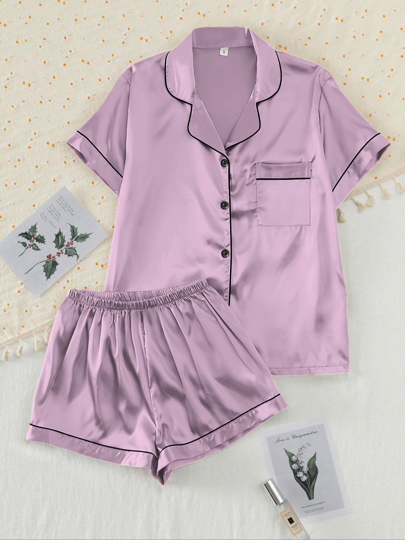【Valentine's Day】Two-piece Set Women's Shirt & Shorts Satin Pajama, Ladies Summer Sleepwear