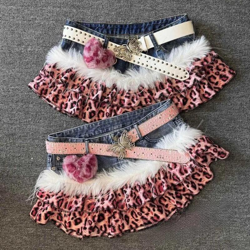 Pink Leopard Design Vintage Denim Mini Skirt Hot Girls Y2k Patchwork Print Babe Outfits High Steet Casual Skirts 2000s Clothing