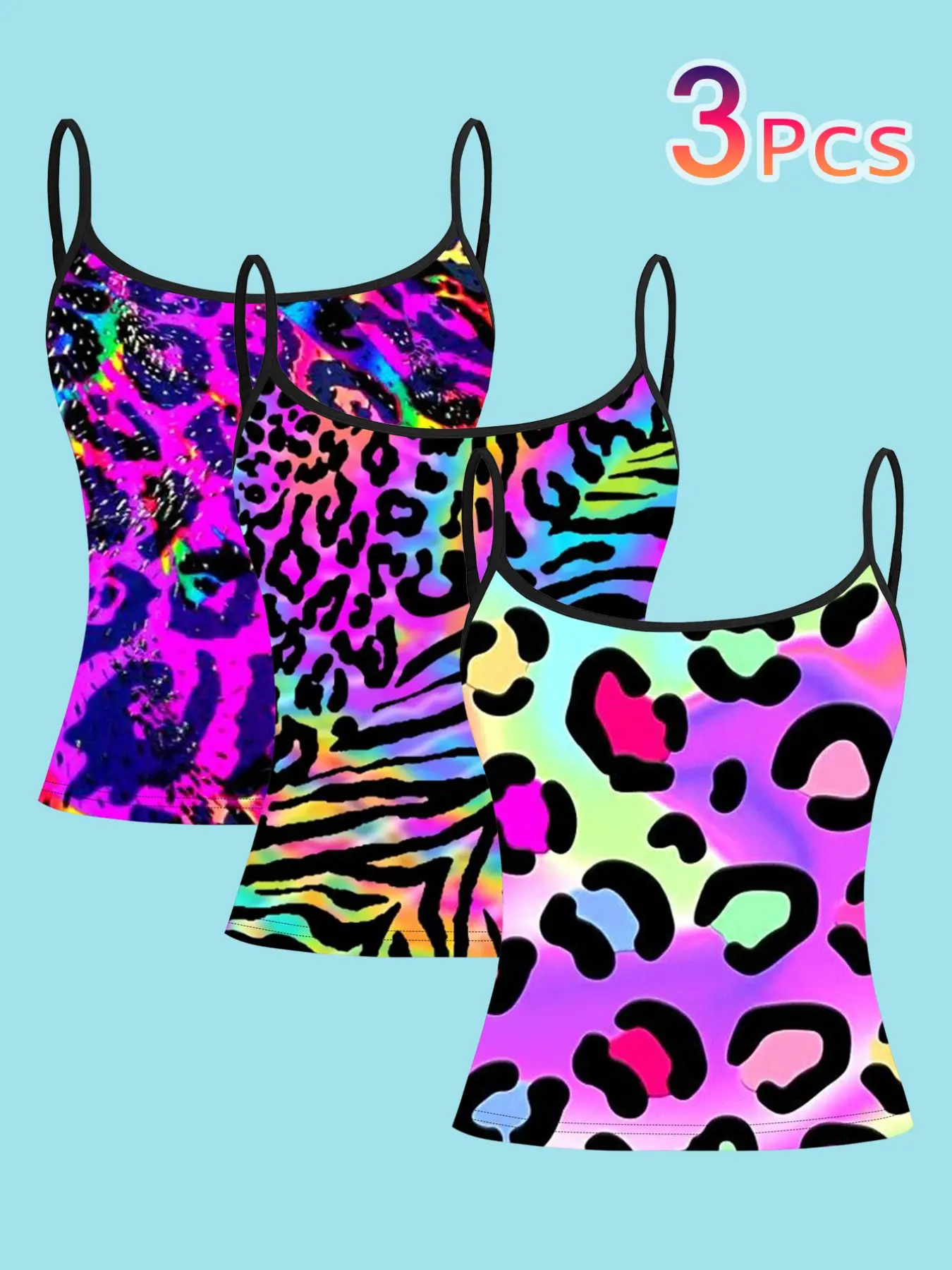 3-Pack Neon Leopard & Zebra Print Strap Tops for Women, Cami Sleeveless Top, Y2K Millennial Style, Slim-Fit Casual Outerwear, All-Season Fashion