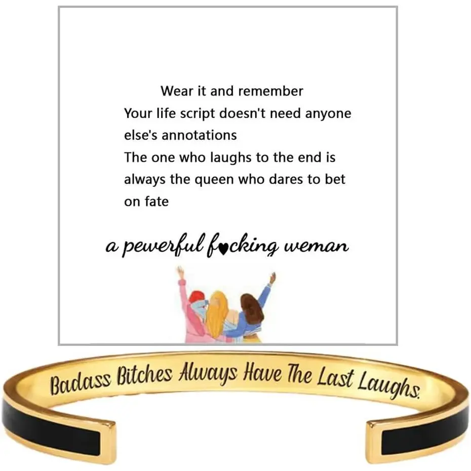 Badass Bitches Always Have The Last Laughs Motivational Color Bangle, Stainless Steel Inspirational Cuff Bracelets with  Message Engraved Bracelet   for Women Sisters