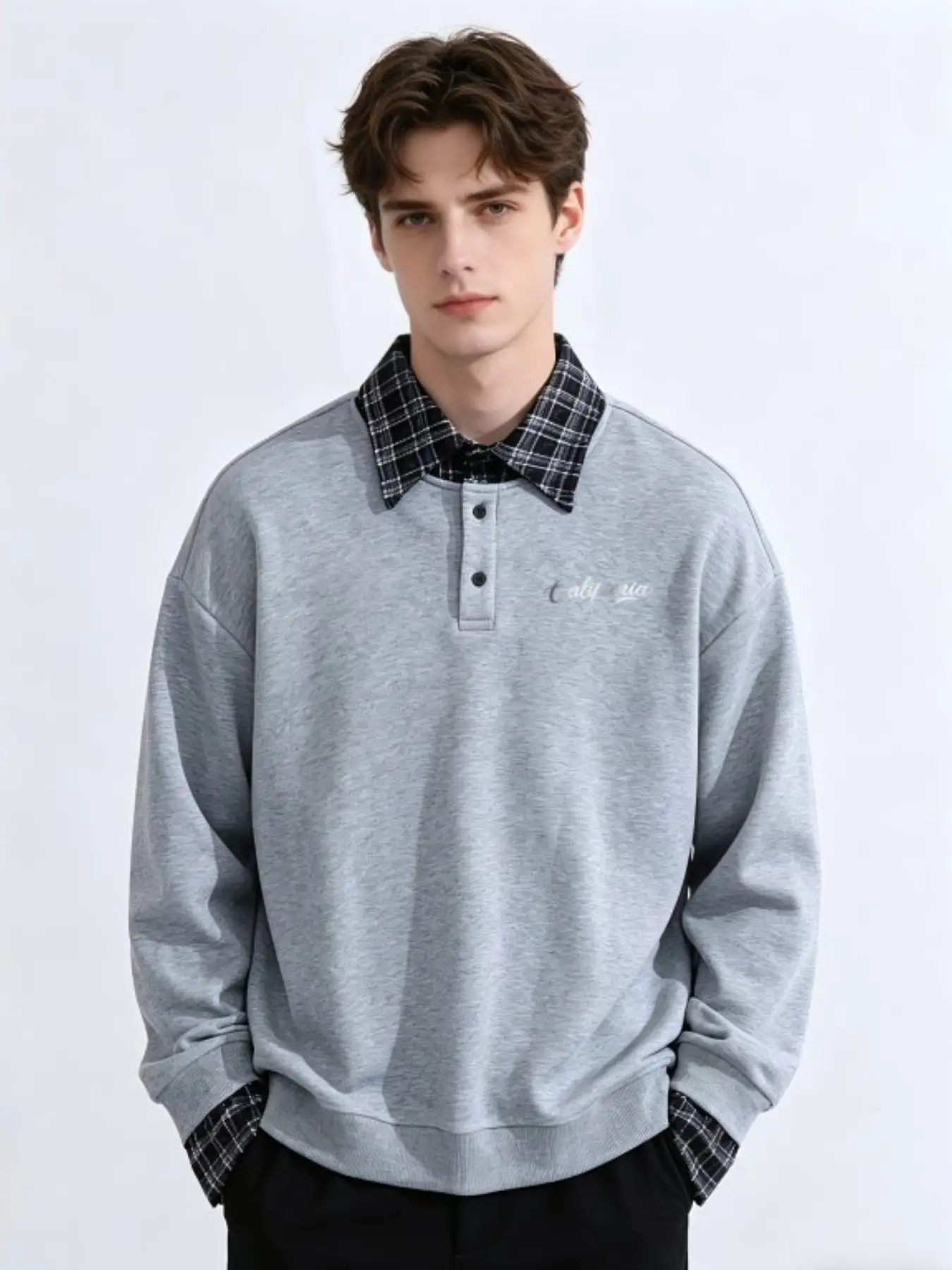 Men's Vintage Fake Plaid Collar Polo Sweatshirt, Casual Warm Sweatshirt, Cursive Letter Graphic Print Long Sleeve Pullover, American Casual Streetwear Autumn Tops