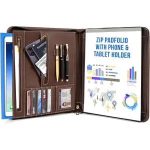 Leather Portfolio for Men, Portfolio Organizer with Zipper for Men Women, Leather Padfolios Business Resume Legal Pad Notebook Binder for A4/Pad (Brown)