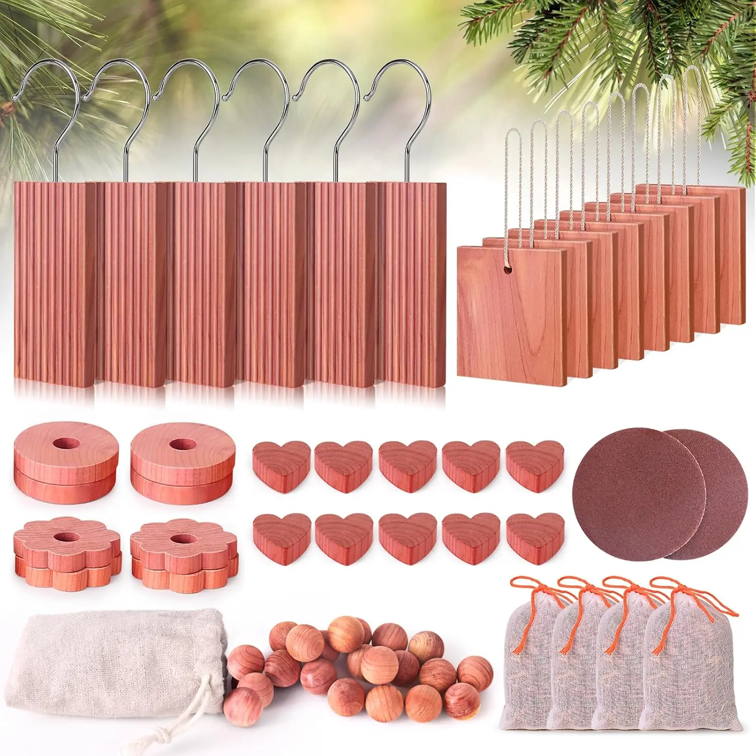 Cedar Blocks for Clothes Storage 56 Pcs, 100% Aromatic Planks with Metal Hooks, Cedar Wood Chips and Balls for Closets and Drawers, Fresh Scented Sachets