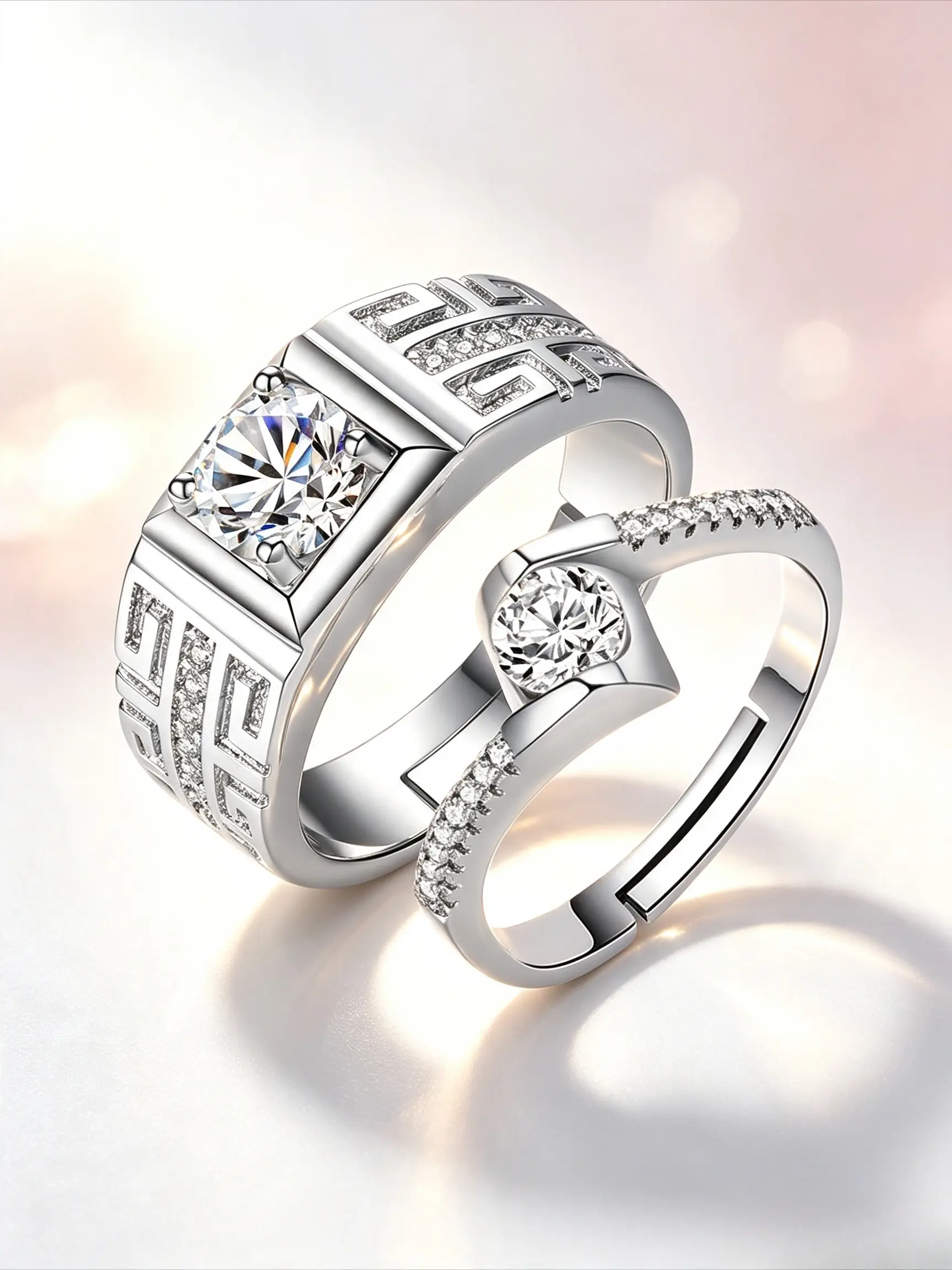 Vintage Pattern Couple Rings Set, Adjustable Open Matching Promise Rings For Men Women, Inlaid Simulated Diamond Wedding Bands, Hypoallergenic Jewelry, Ideal For Proposal Engagement Wedding Anniversary Dating, Couple Gift