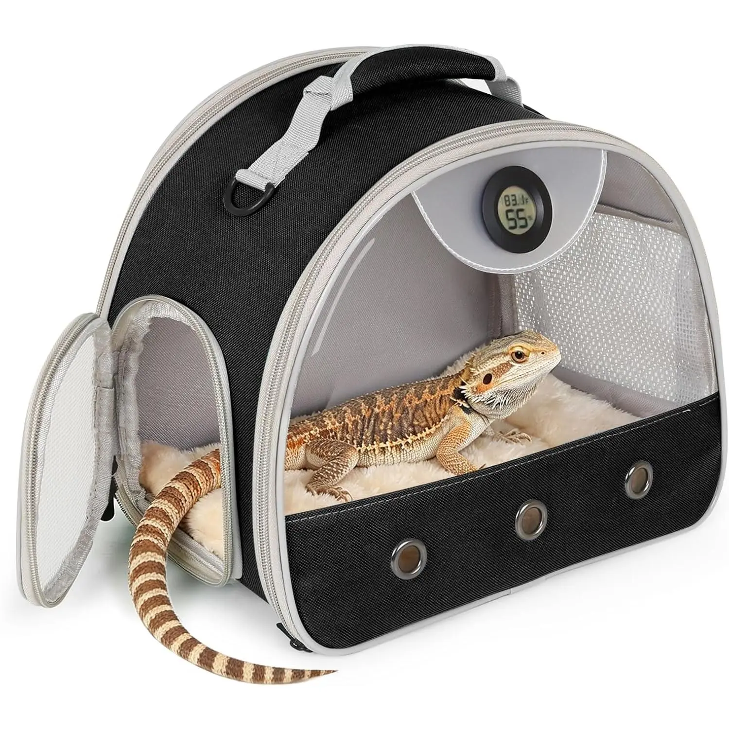 Bearded Dragon Carrier, Reptile Travel Bag with -in Thermometer Hygrometer, Breathable Small  Carrier with Clear View Window, Portable Guinea Pig Carrier for Gecko, Snake, Hamster