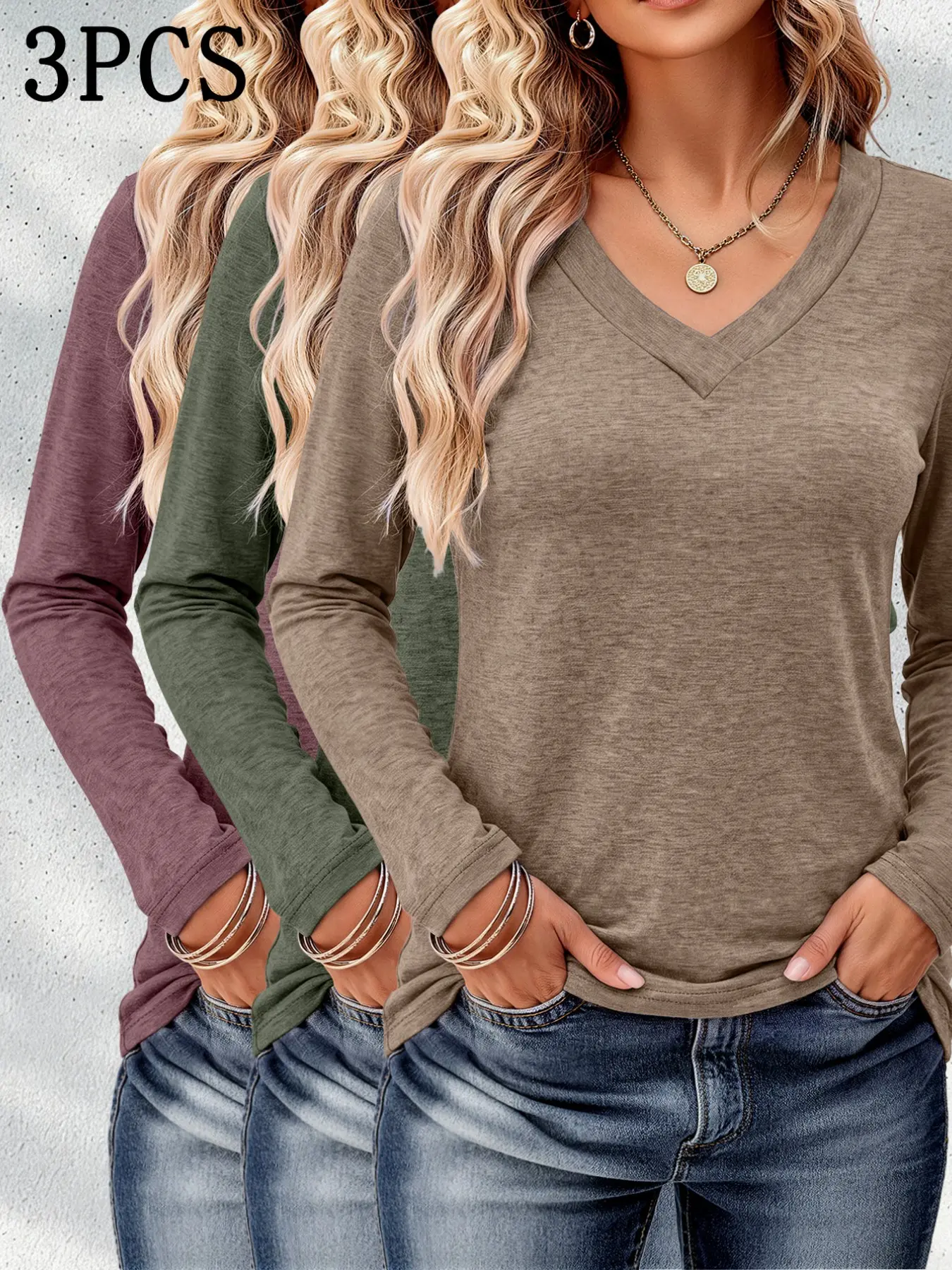 【Black Friday】Women's Fashion Elegant V-Neck Long Sleeve Basic T-Shirt 3-Piece Set, Casual Solid Color Top for All Seasons, Fitted