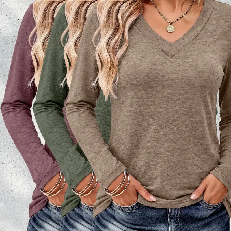 Women's Fashion Elegant V-Neck Long Sleeve Basic T-Shirt 3-Piece Set, Casual Solid Color, All Seasons, Fitted, Unlined, Plain Surface