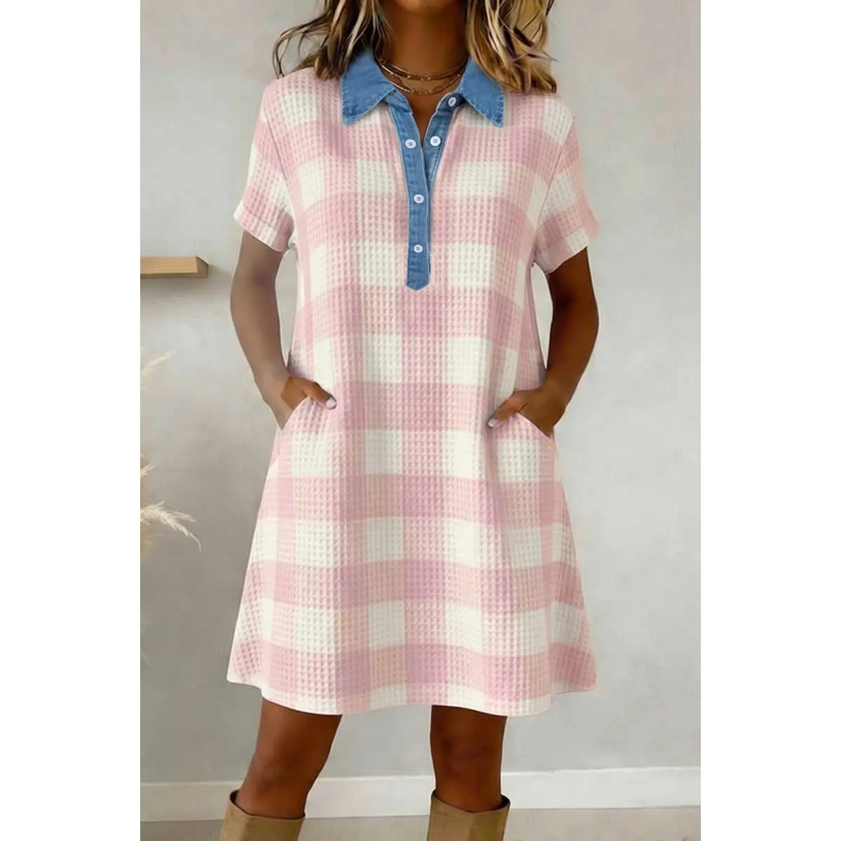 Women's Short-Sleeve Pink Waffle Plaid Print Contrast Denim Shirt Collar Polyester Mini Dress, Decorative Button-Front, Button Hem Detail Casual Dress, Shortsleeve, Fabric, Soft, Pockets, Buttons