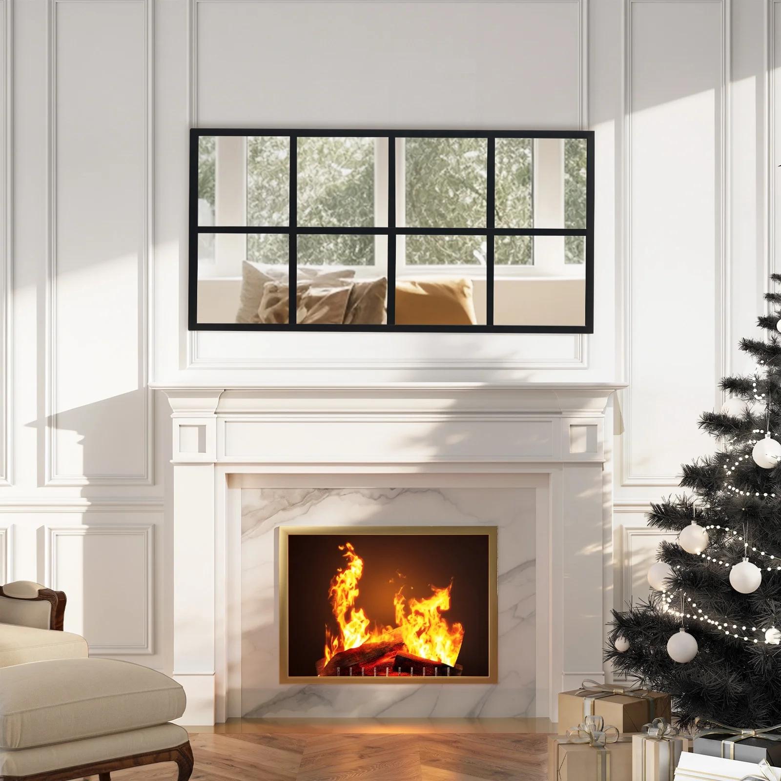 Rectangular Window Pane Decorative Wall Mirror with Black Metal Grid Frame, Modern Geometric Style Mirror for Living Room Bedroom Entryway, Stylish Home Decor Accent with Unique Grid Pattern and Sleek Black Finish