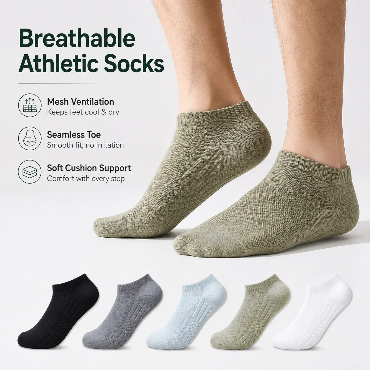 Breathable Athletic Socks for Men Women, Low Cut No Show Sports Socks with Seamless Toe Design, Cushion Support Running Socks, Moisture Wicking Mesh Socks, Soft Comfortable Ankle Socks for Gym, Workout, Walking, Sneakers, Travel and Everyday Wear