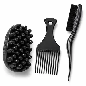 3PCS Textured Hair Styling Set, Scalp Massage Shampoo Brush, Wide Tooth Pick Comb & Edge Brush with Tail Comb, Detangling Curl Defining Tools for Coily, Curly, Wavy & Thick Hair, Wet & Dry Hair Care for Men and Women