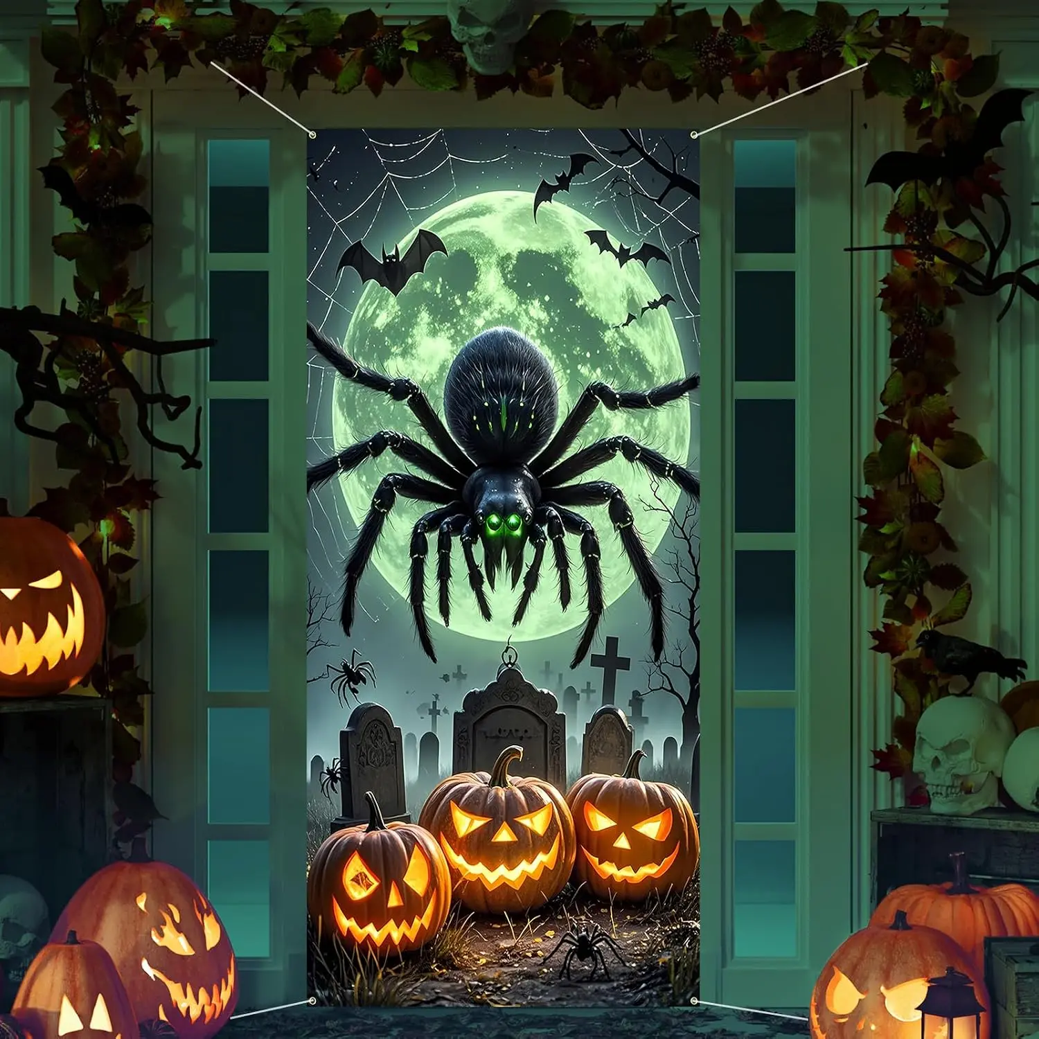 Halloween Door Cover for Halloween Decorations, Large Fabric Scary Giant Spider Pumpkins Door Cover Banner for Front Porch Window Wall Decoration Party Supplies Indoor Outdoor, 6.1 x 2.9 Ft