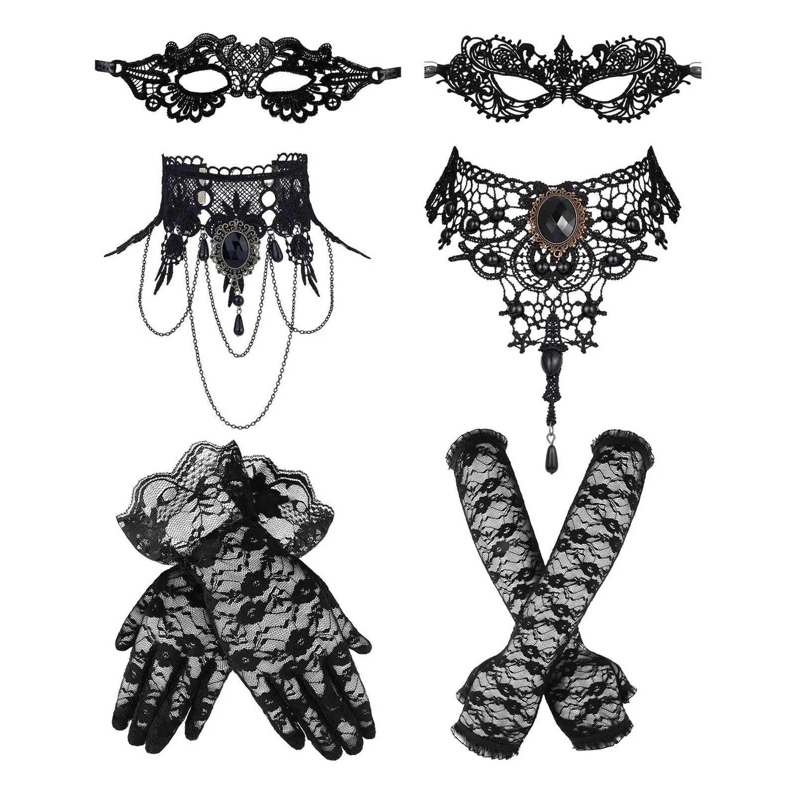 6pcs Masquerade Costume Accessories Set - Lace Mask, Choker Necklace, Gloves for Halloween Cosplay