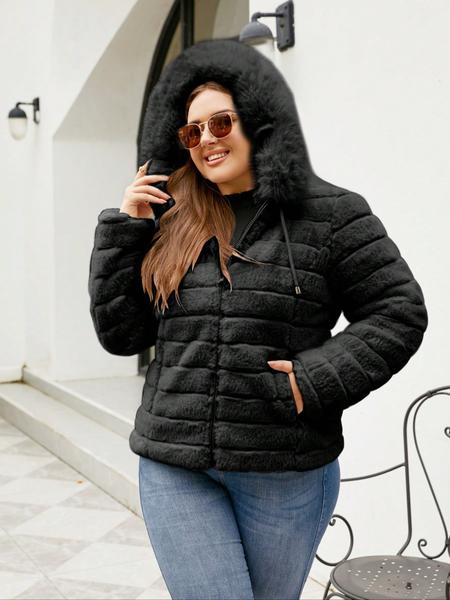 Women's Plus Size Hooded Jacket with Faux Fur Lining, Casual Fall & Winter Reversible Padded Coat, Warm Woven Fabric Outerwear