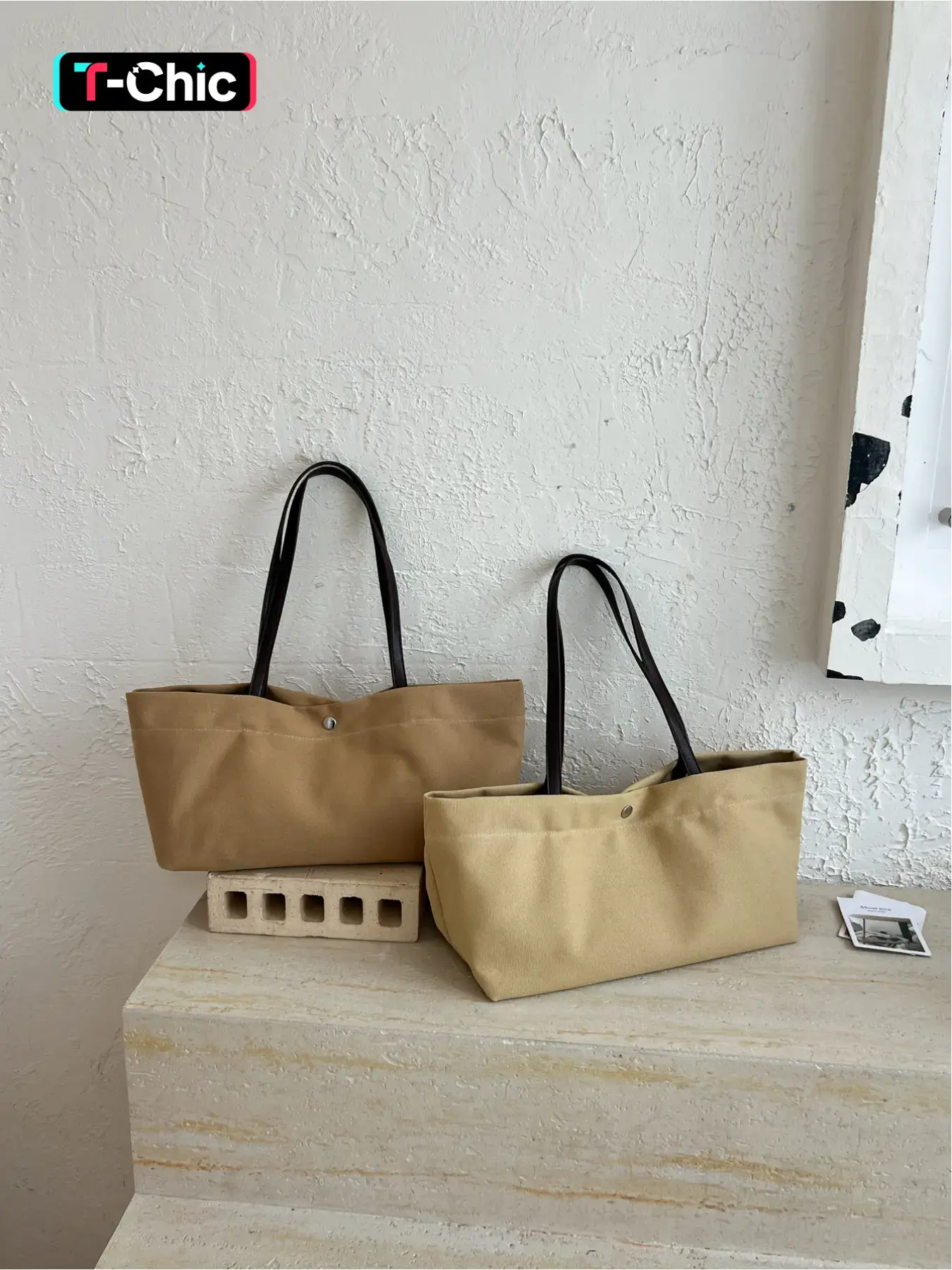Minimalist snap-button open rectangular Everyday tote bag, long anti-slip shoulder straps, flat 3D body with large capacity main compartment, minimalist versatile daily carry- storage bag for commuting and classes
