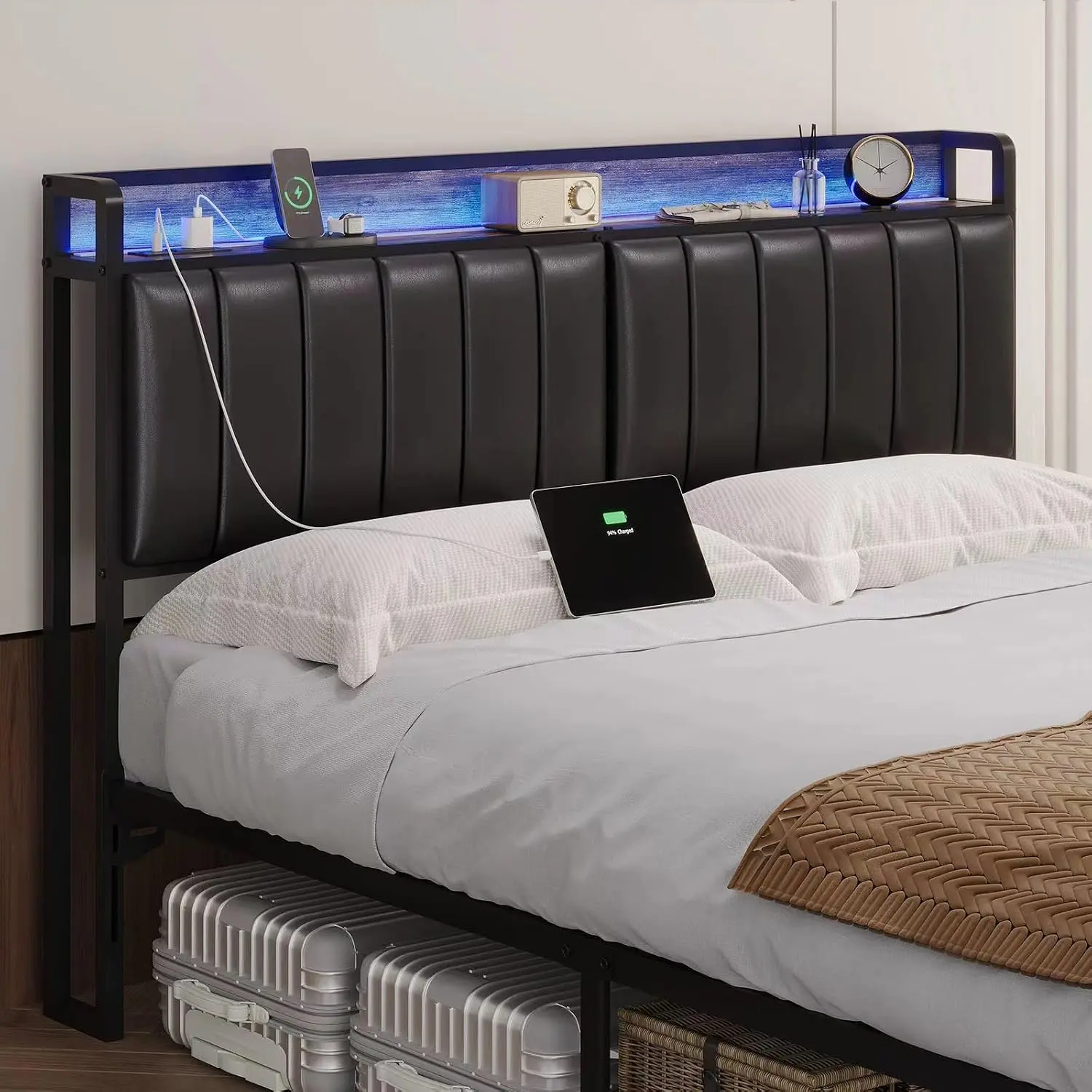 Full Size Upholstered Headboard with LED Lights &  Station, PU Upholstery, Full Headboard Only, Height Adjustable, Attach Frame, Sturdy and , Easy Assembly