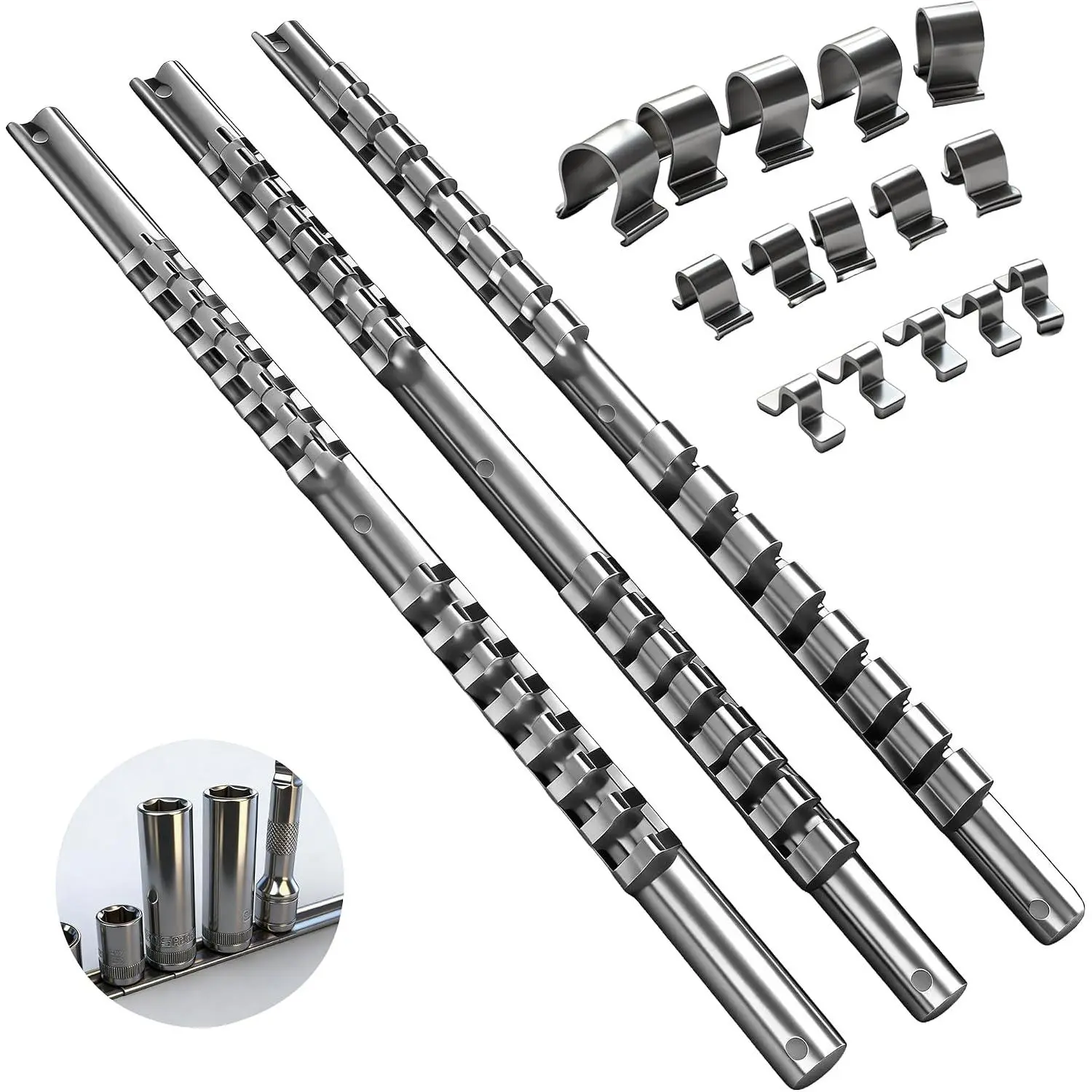 Socket Organizer Set,  3- Metal Socket Holders/Socket Sliding Rail, 1/4-Inch, 3/8-Inch, 1/2-Inch